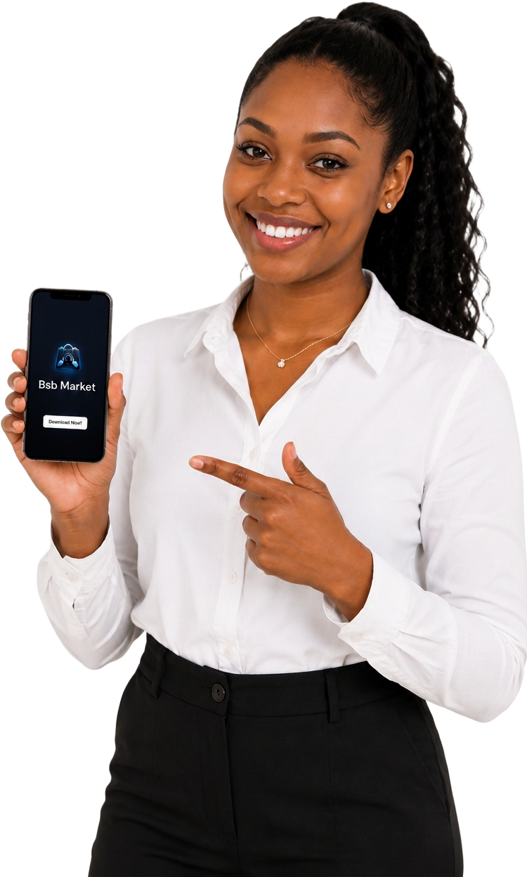 Woman holding a smartphone showing the Bsb Market app